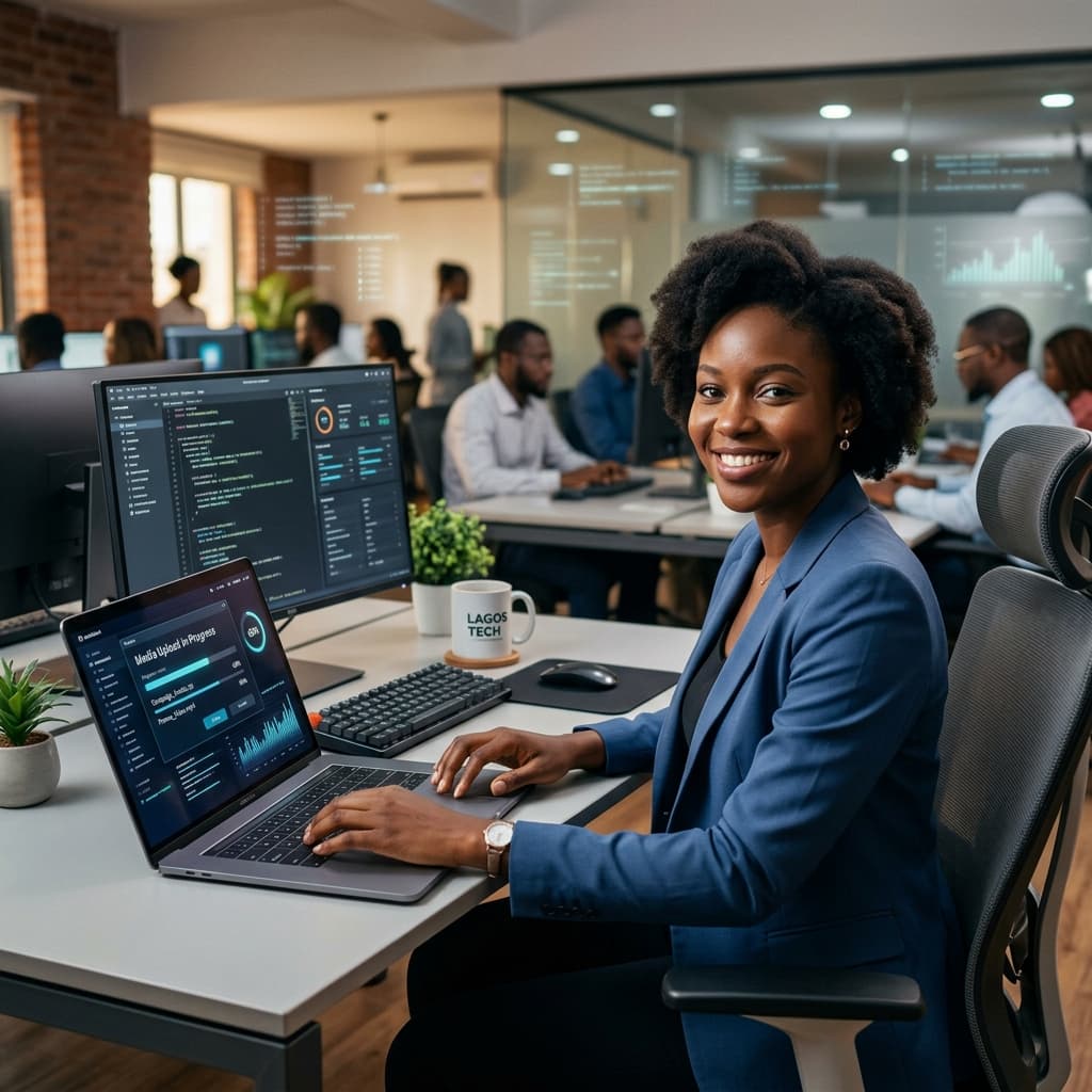African developer uploading master media assets